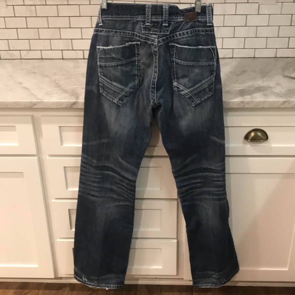 BKE Justin Jeans Mens 32L Blue Denim Flare Distressed Western Boho Festival - Picture 2 of 12